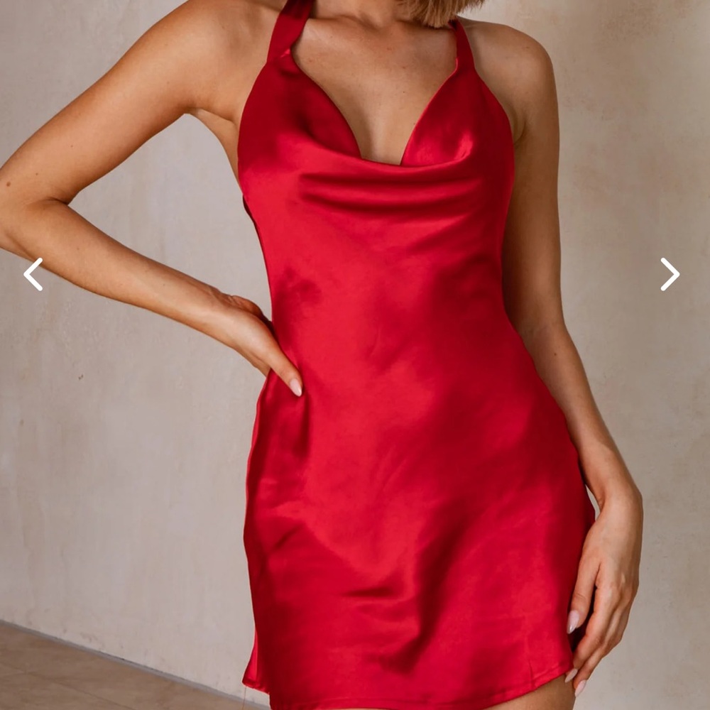 Here Comes The Sun Red Cowl neck Silk Dress - Size Small